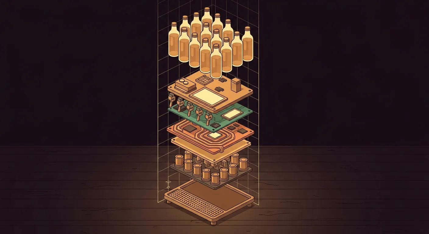 The machine separated into its five layers: base, pumps, control board, computer, bottles