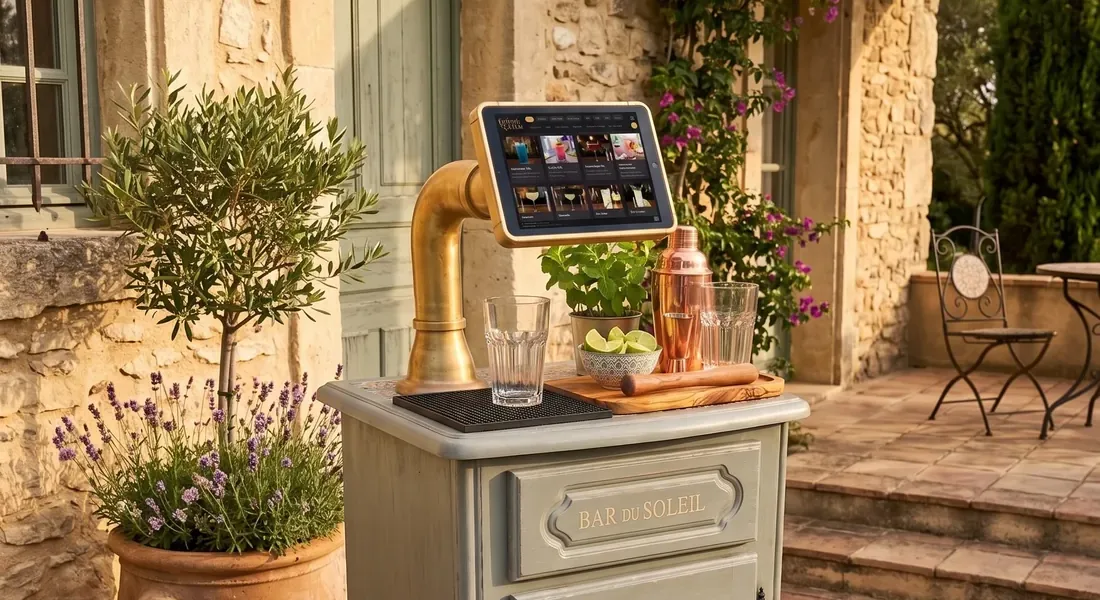 A Cocktail-O-Matic machine built into a restored Provencal cabinet on a stone terrace, the tablet showing the guest kiosk