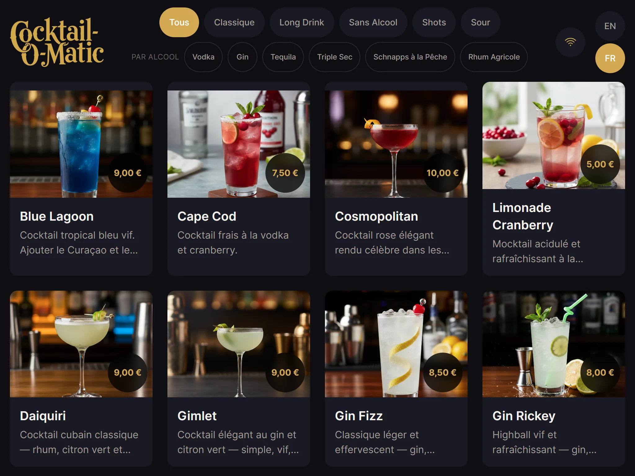 Guest kiosk showing the drink selection grid on a tablet
