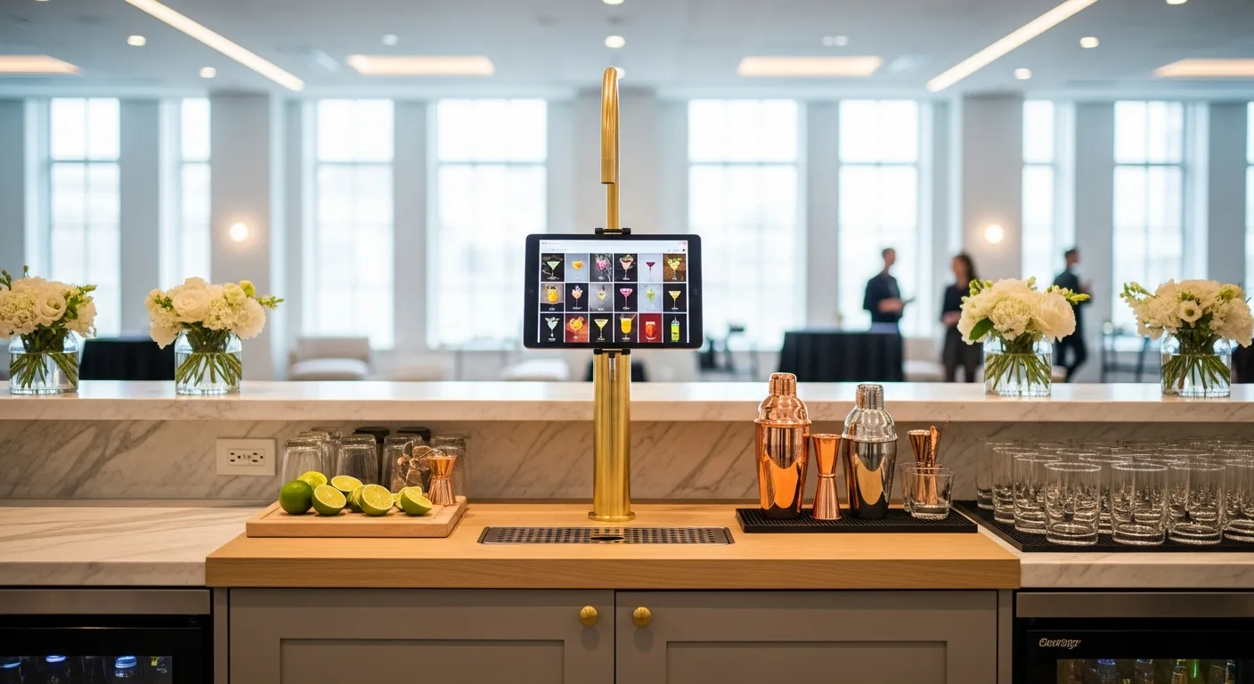 A self-service drinks station on a marble counter in a bright modern venue, white flowers and clean glassware beside it